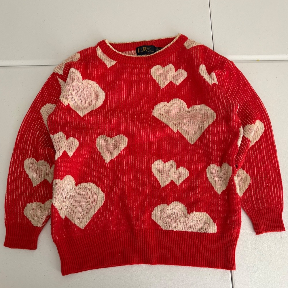 Vintage LeRoy Knitwear Red Heart Sweater Medium Valentine Coquette Retro ww